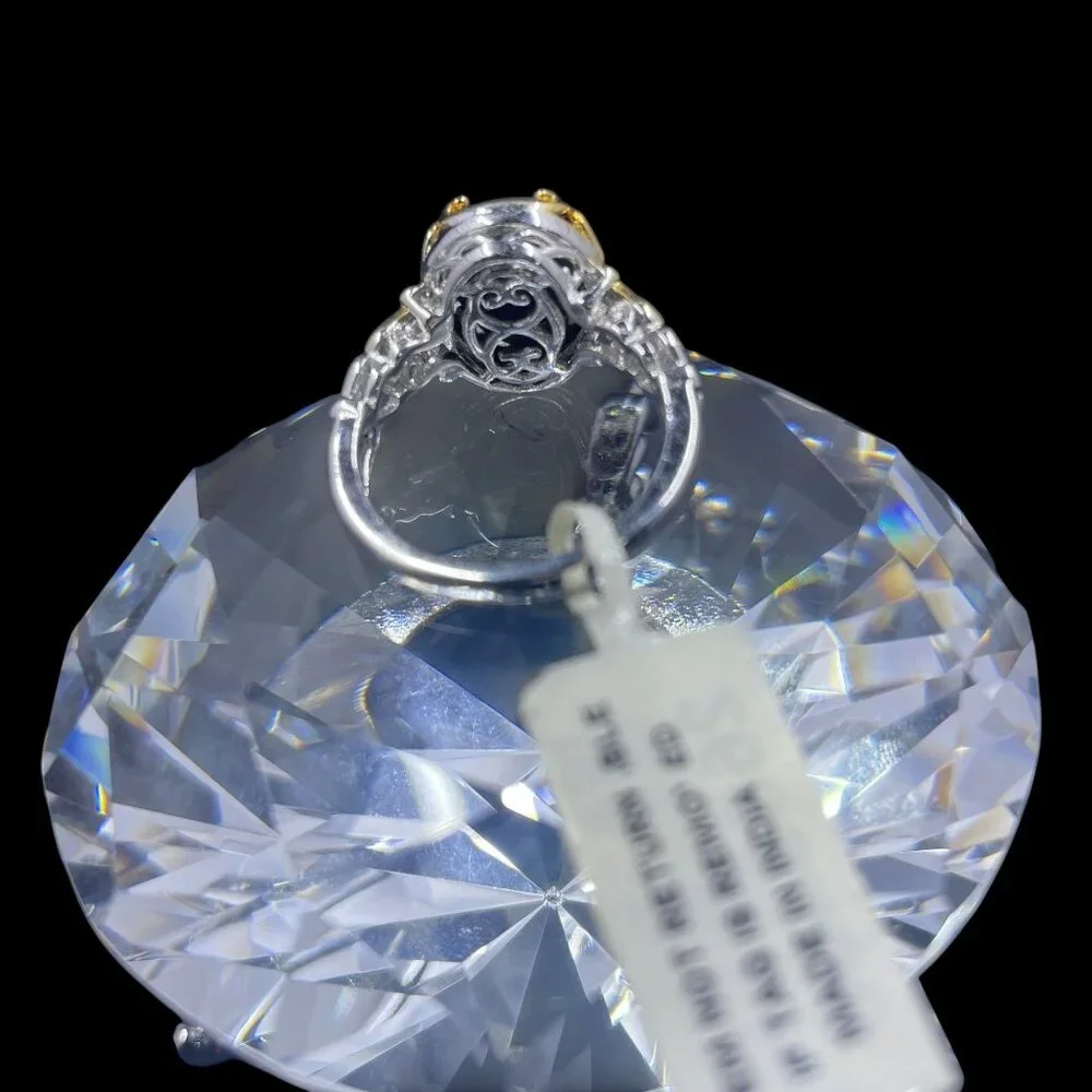 STS Karis Silver Tone Gold Accents Black Gold Veined Stone‎ Cocktail Ring NWT - Picture 6 of 8